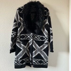 Black Velvet Women’s Longline Cardigan Large Faux Fur Collar Fancy Mob Wives